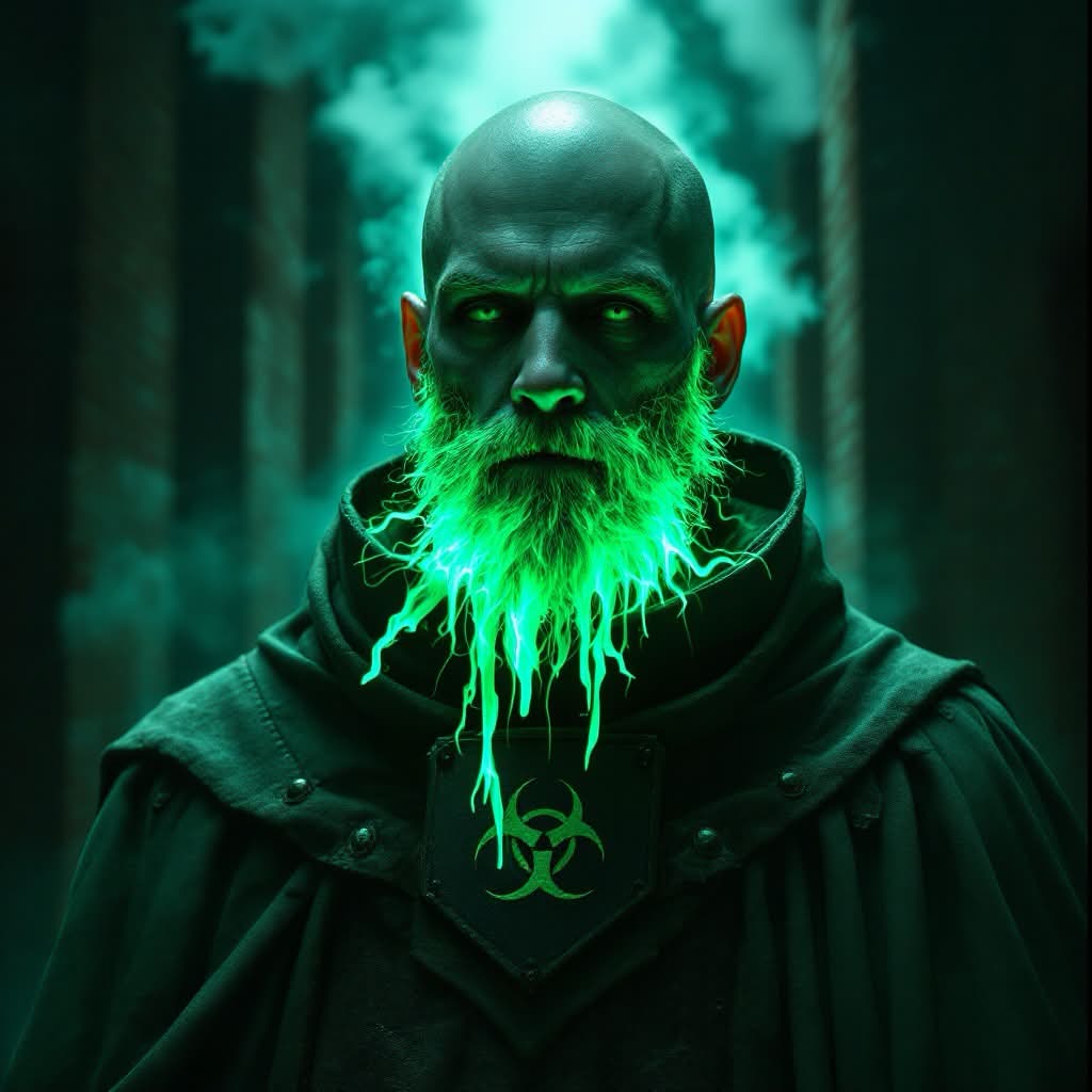 A forgotten abbot bathed in green light